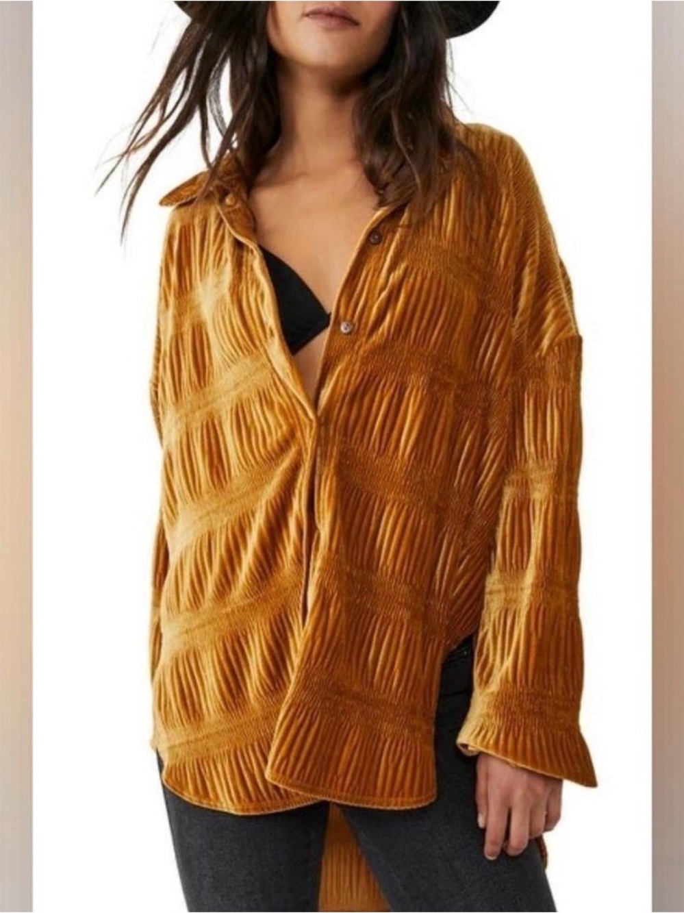 Free People $148 NWT My Best Velvet Blouse Top L/S ginger gold button up M